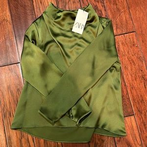 Funnel Neck Olive Green Satin Effect Blouse with button detail on wrists